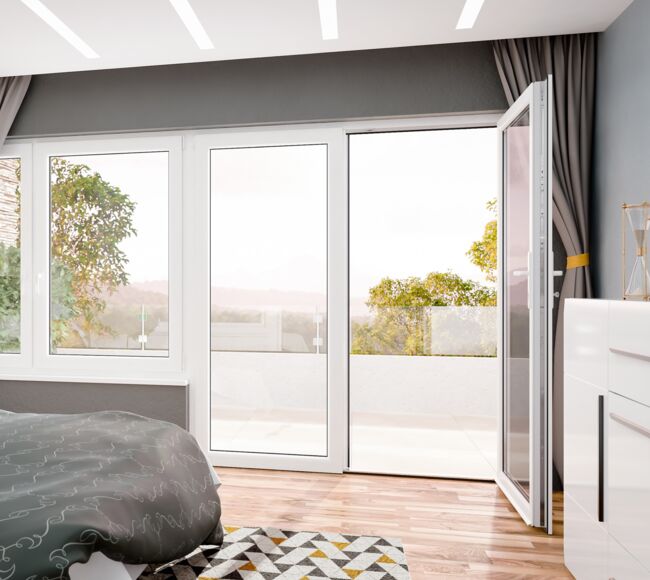 Bunter Schlafzimmer mit weiße Balkontür mit flacher Schwelle und Fenster Iglo 5 Classic aus Kunststoff