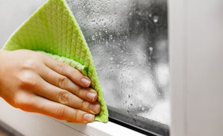 Einfache Pflegen und sauber machen der Fenster Profilen und Glas mit Tuch