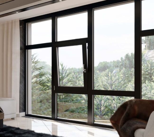 Wohnung mit schönem Blick durch dunkel Aluminium Kippfenster und Festverglasung mit Aufteilung auf Wunsch, die individuelle Design und Konstruktion ermöglicht