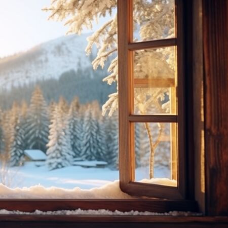Doppelflügeliges Holzfenster mit Sprossen und Stulp in Winterhaus im Gebirge voll mit Schnee