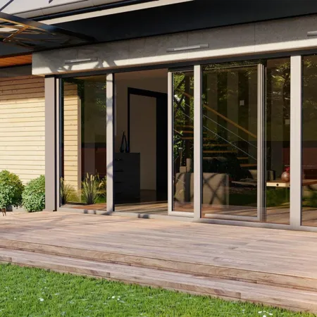 Schiebetüren aus Holz, Aluminium oder Kunststoff mit großen Glasflächen für die Terrasse