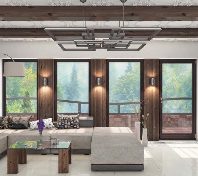 Elegante Bodenfenster aus Holz Meranti in Lasur Nussbaum in schickem Salon