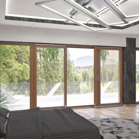 Großer Schlafzimmer mit  Balkonschiebetür in Holzdekor und Ausgang zu Terrasse mit Glasbarriere